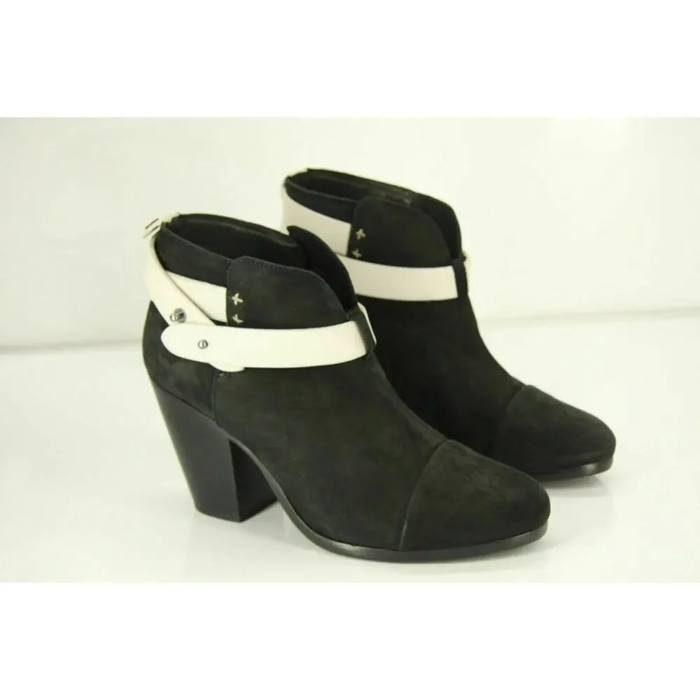 Rag & Bone Harrow White Strap Black Suede Ankle Boots Size 37.5 New $495